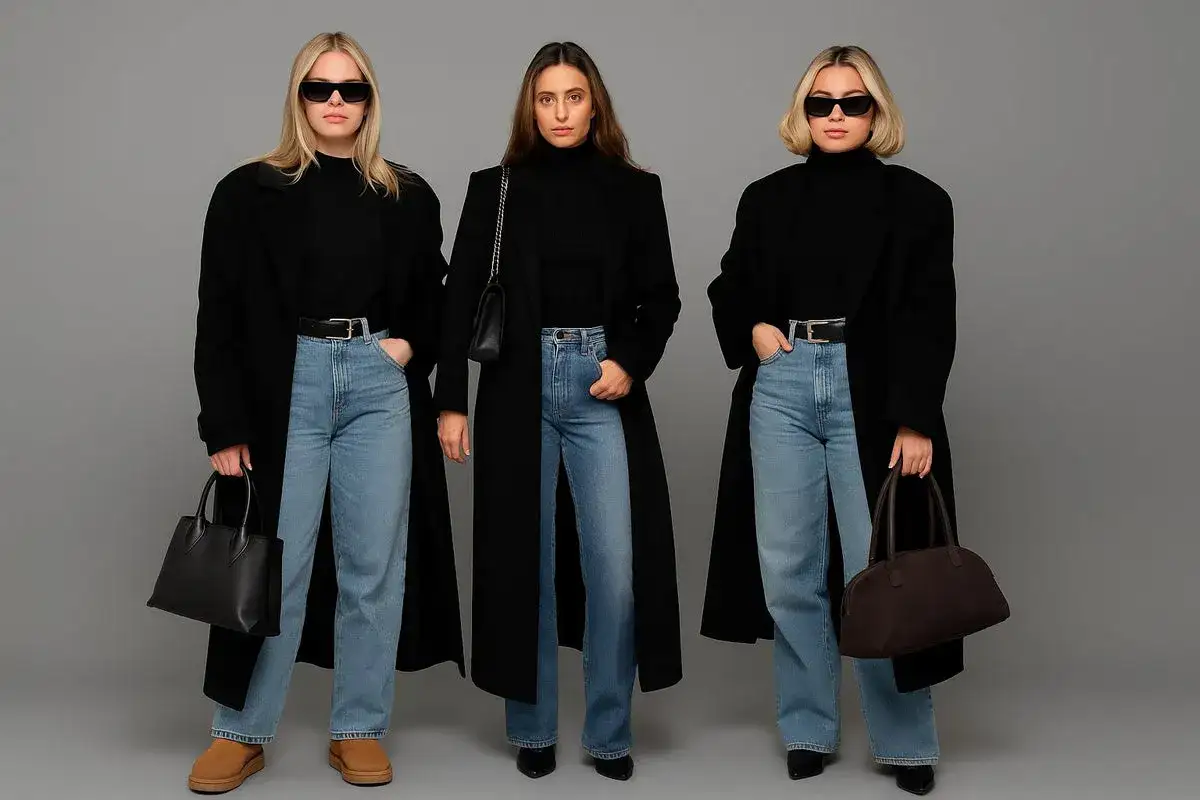 Trzy kobiety w czarnych płaszczach i jeansach prezentują jeansy eleganckie stylizacje.