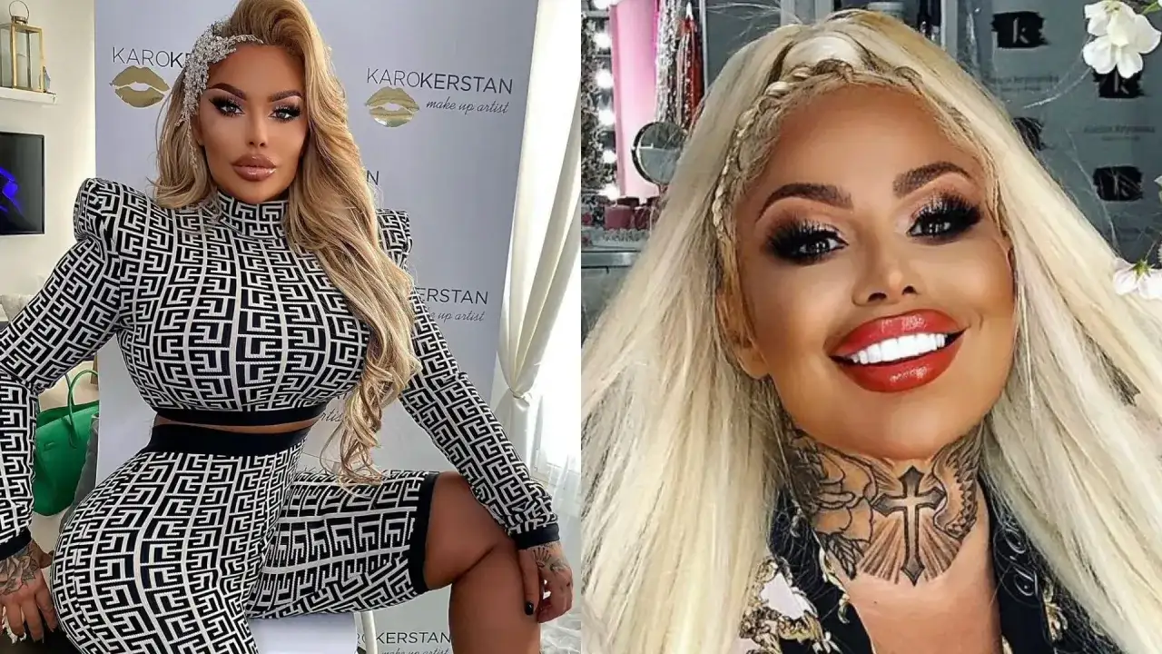 Kobieta w stylizacji laluna unique, z blond włosami i wyrazistym makijażem, pozuje w czarno-białym geometrycznym stroju.