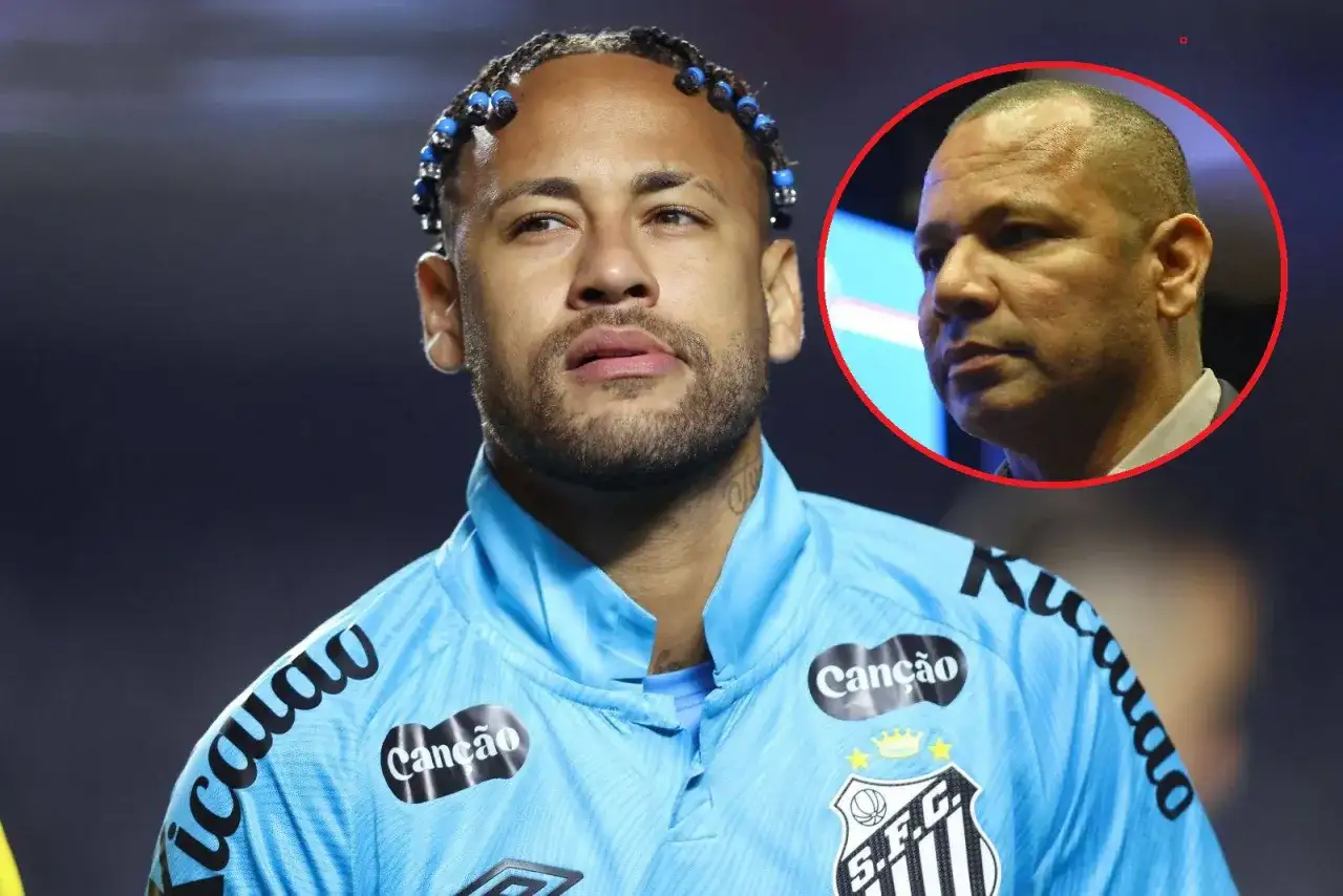 Neymar Jr. w niebieskiej koszulce z warkoczykami i jego ojciec, Neymar Senior, w kółku.