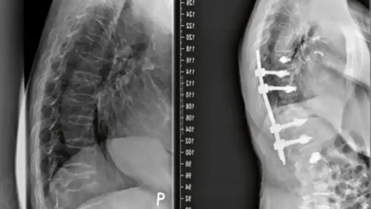 Rentgen kręgosłupa przed i po stabilizacji implantami.