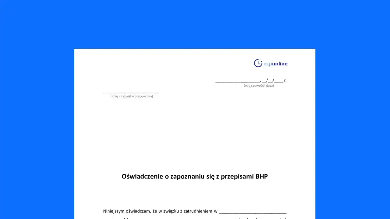 Formularz "Oświadczenie o zapoznaniu się z przepisami BHP" od rcponline. Dowiedz się, jak napisać oświadczenie.