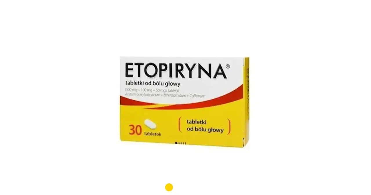 Opakowanie leku Etopiryna, tabletki od bólu głowy, zawiera 30 tabletek.