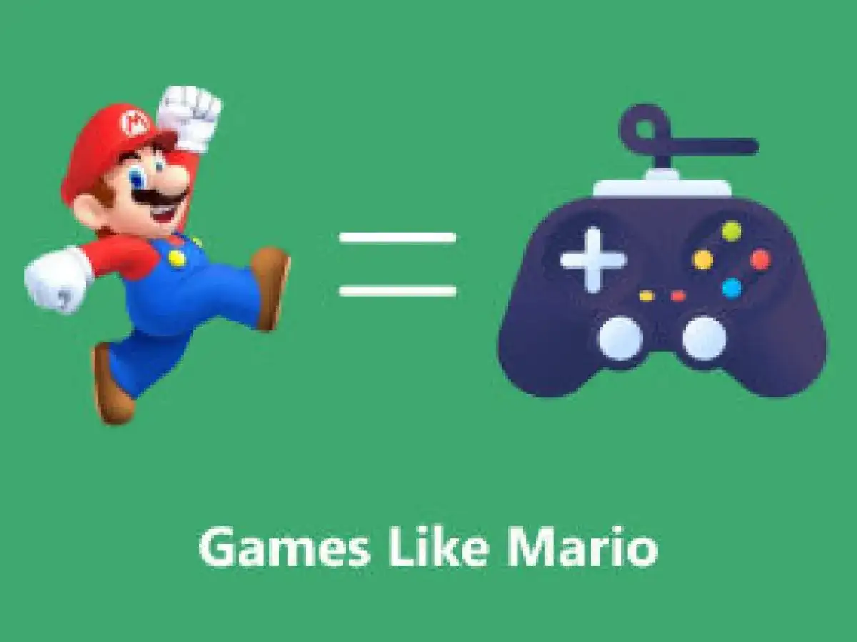 Mario biegnący obok pada do gier, z napisem "Games Like Mario".