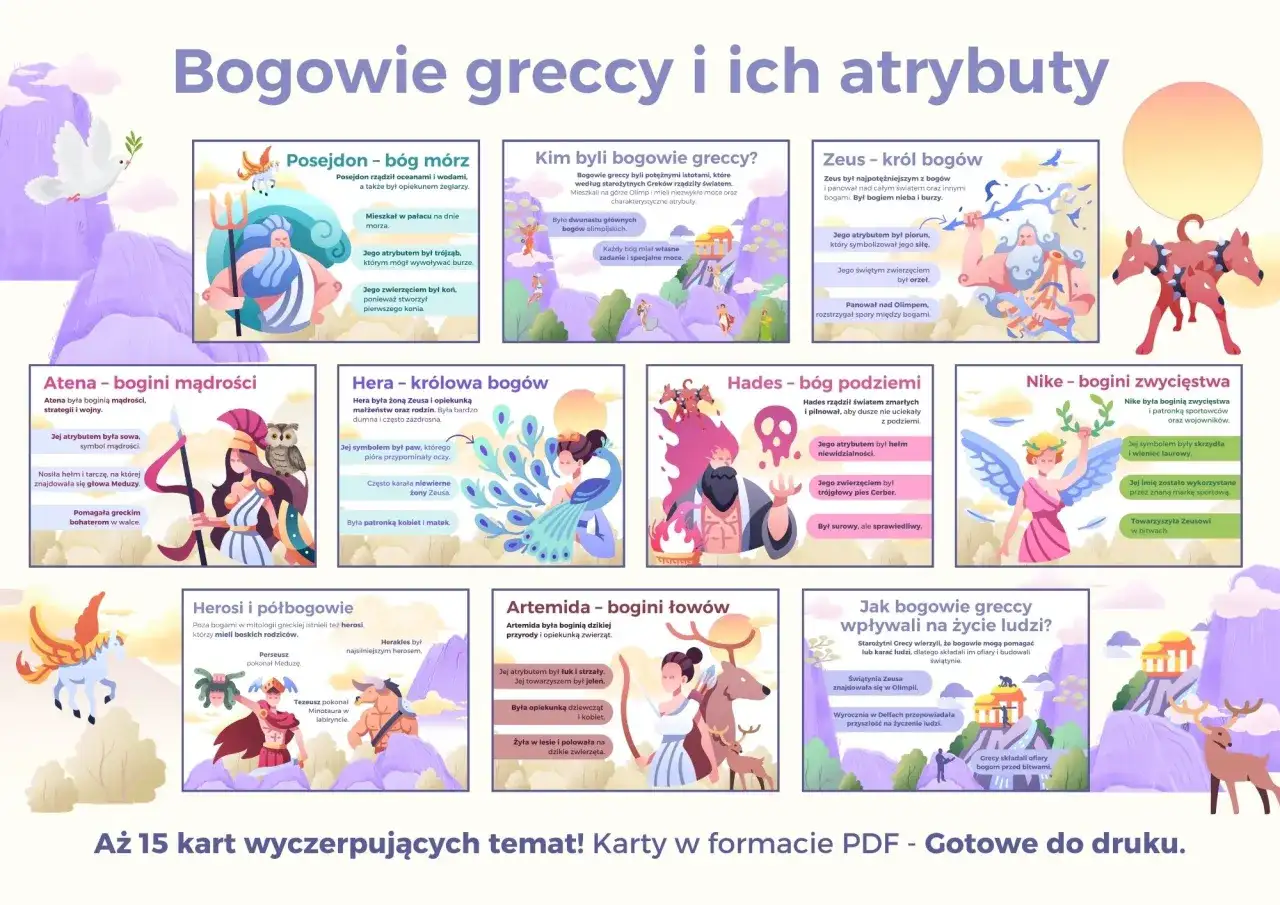 Bogowie greccy i ich atrybuty: Zeus z piorunem, Posejdon z trójzębem, Atena z sową, Hera z pawiem, Hades z hełmem, Nike ze skrzydłami.