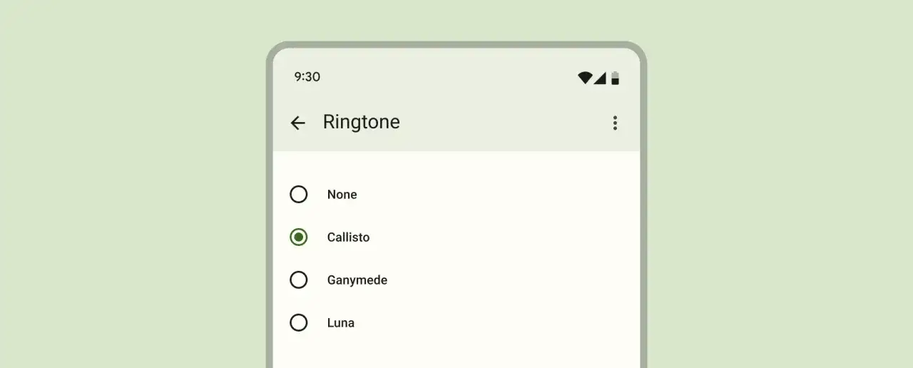 Ekran telefonu z listą dzwonków. Zaznaczony radio button przy "Callisto".