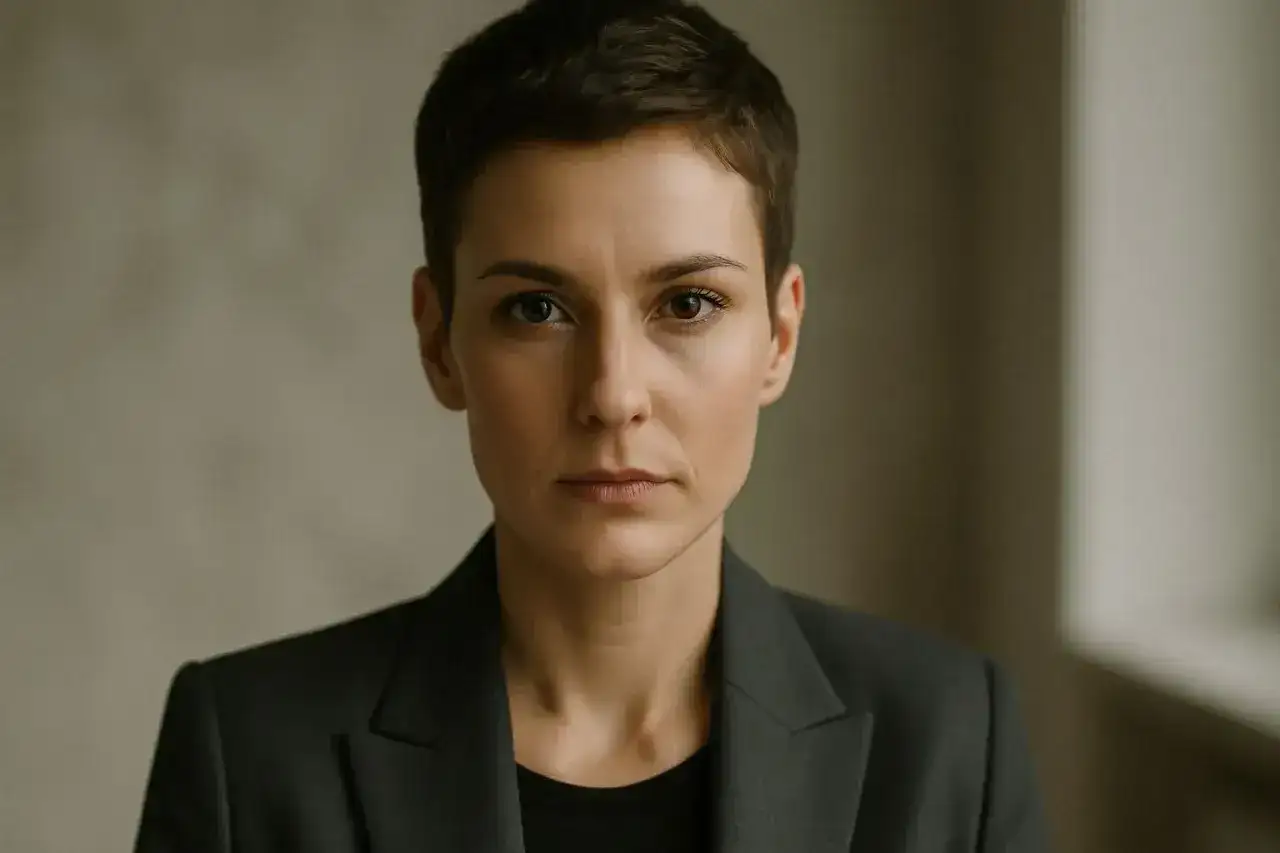 Portret osoby o androgenicznym wyglądzie, w ciemnej marynarce, z krótkimi włosami i przenikliwym spojrzeniem.
