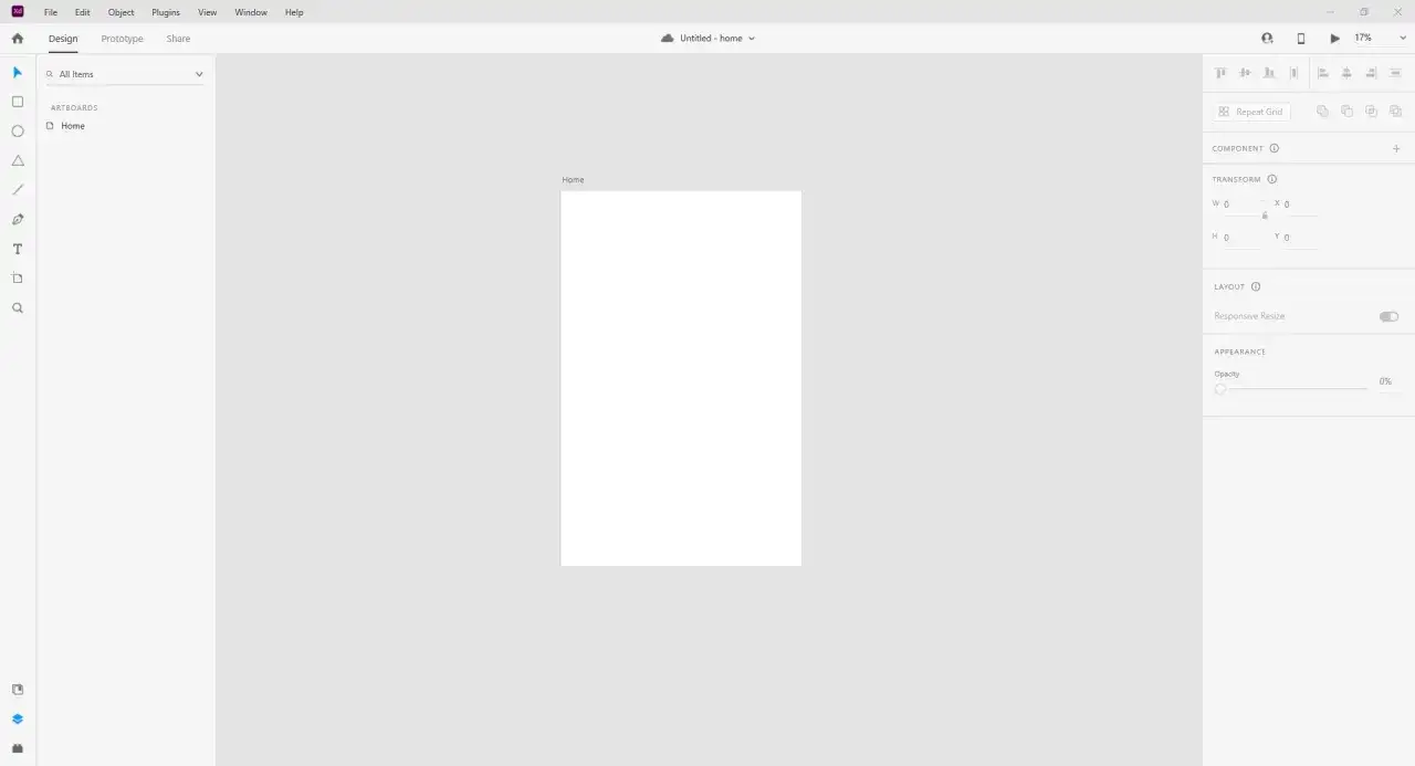 Interfejs programu Adobe XD z pustym obszarem roboczym "Home" i panelami po prawej stronie, gotowy do projektowania.