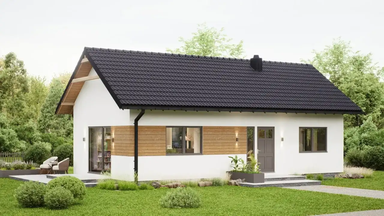 Nowoczesny dom 70m2 pod klucz, z drewnianymi elementami i dużymi oknami. Idealny dla rodziny, koszt budowy przystępny.