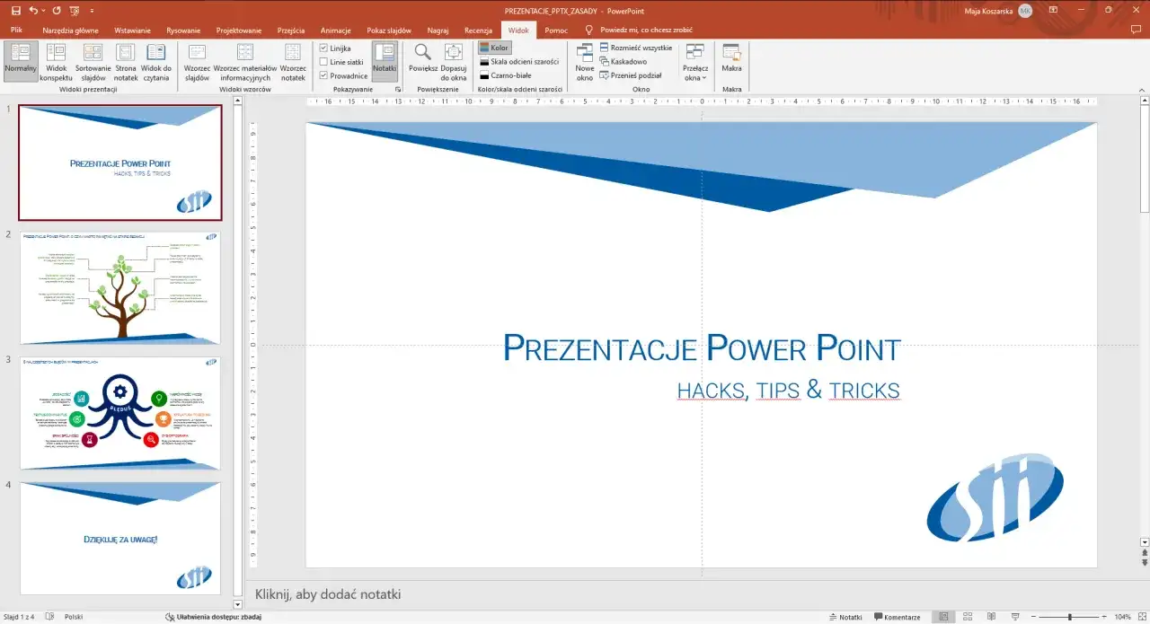 Prezentacja w programie PowerPoint z hasłami "Hacks, Tips & Tricks". Widok edycji z miniaturami slajdów po lewej.