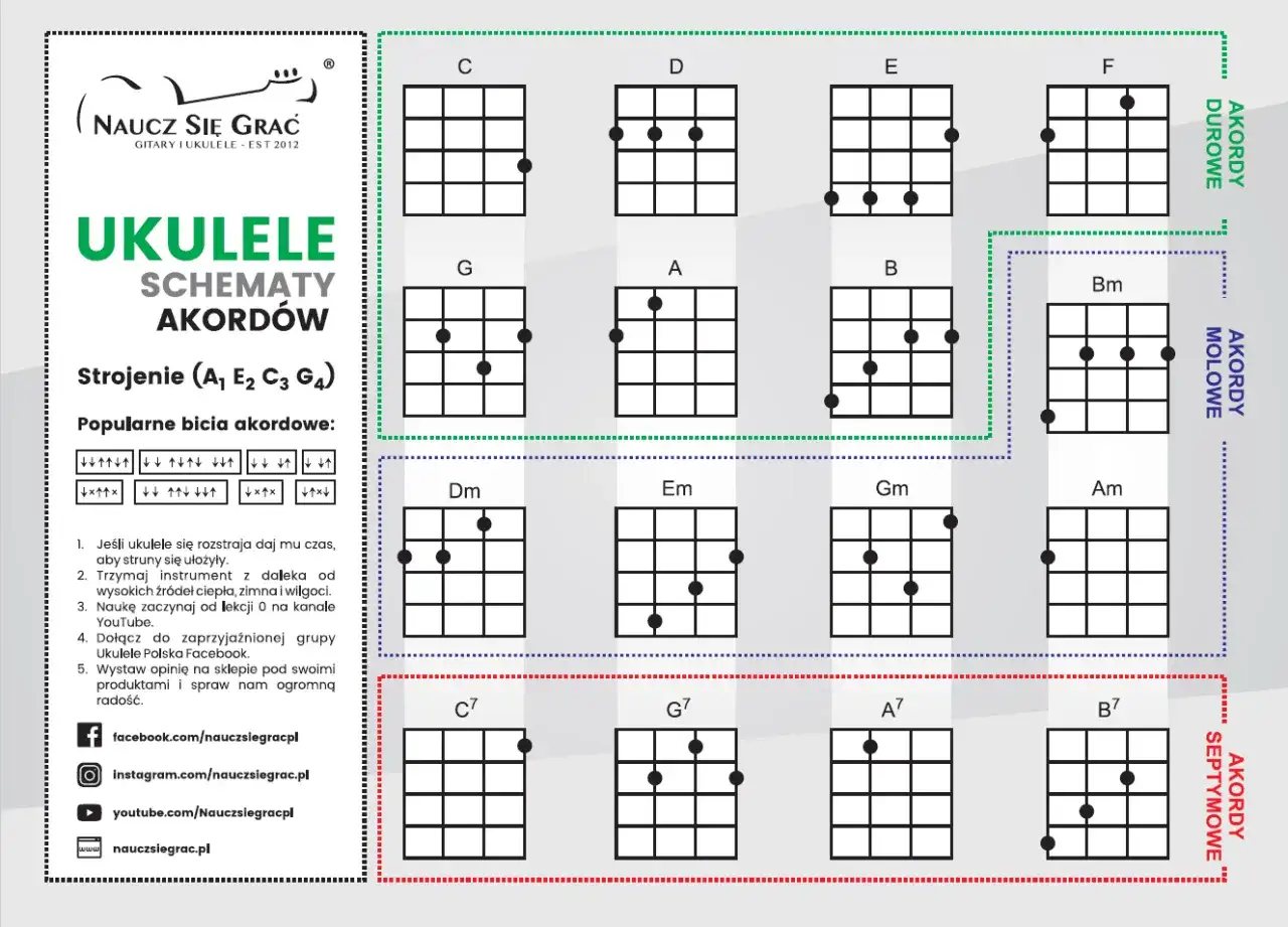 Schematy akordów do ukulele: C, D, E, F, G, A, B, Bm, Dm, Em, Gm, Am, C7, G7, A7, B7. Instrukcja strojenia i bicia.