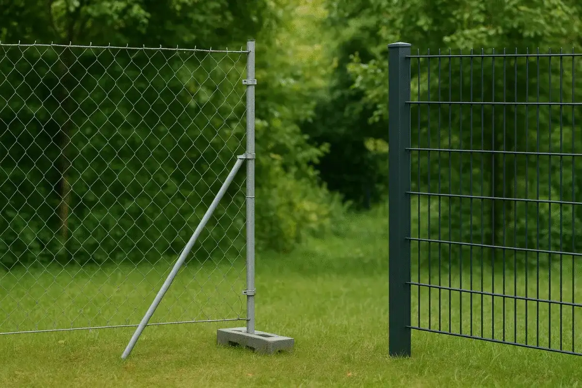 Tymczasowe ogrodzenie działki z siatki drucianej i paneli metalowych, otoczone zielenią.