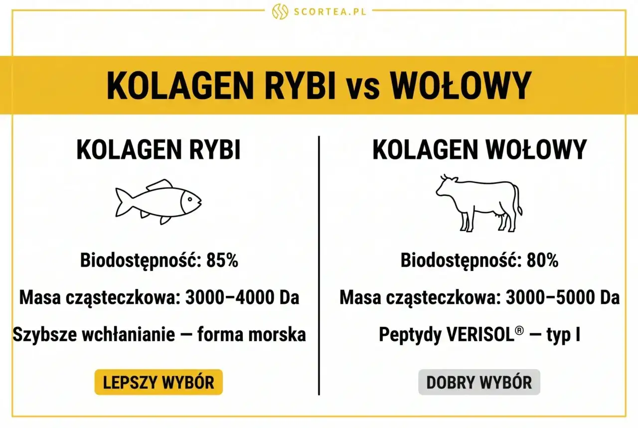Porównanie kolagenu rybiego i wołowego. Kolagen rybi ma wyższą biodostępność (85%) i szybsze wchłanianie, co czyni go lepszym wyborem.