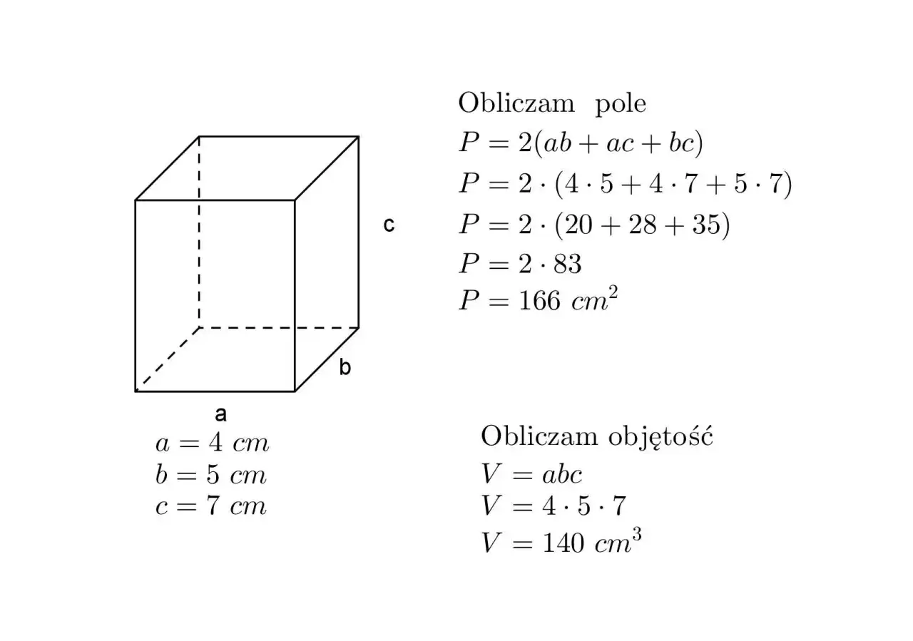 Ilustracja przedstawia prostopadłościan z wymiarami a=4, b=5, c=7 cm. Obok znajduje się wzór na pole prostopadłościanu i jego obliczenie.
