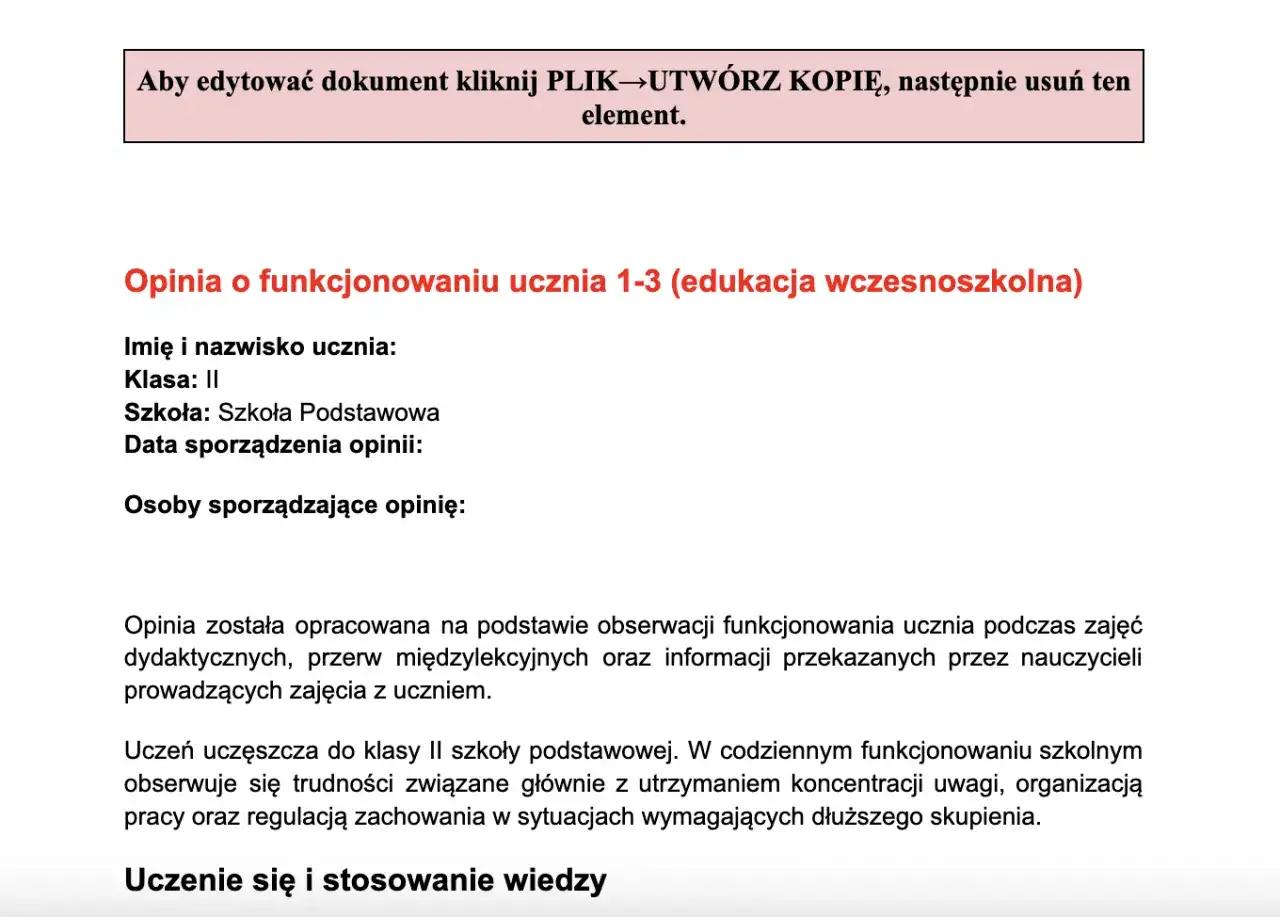 Opinia o funkcjonowaniu ucznia z klasy II szkoły podstawowej, opisująca trudności z koncentracją i organizacją.
