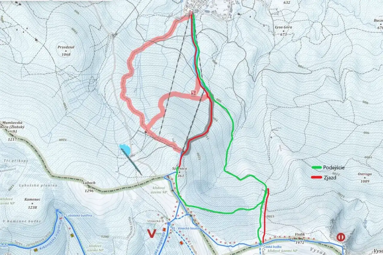 Mapa turystyczna z zaznaczonymi trasami podejścia (zielona) i zjazdu (czerwona) na Łabski Szczyt.