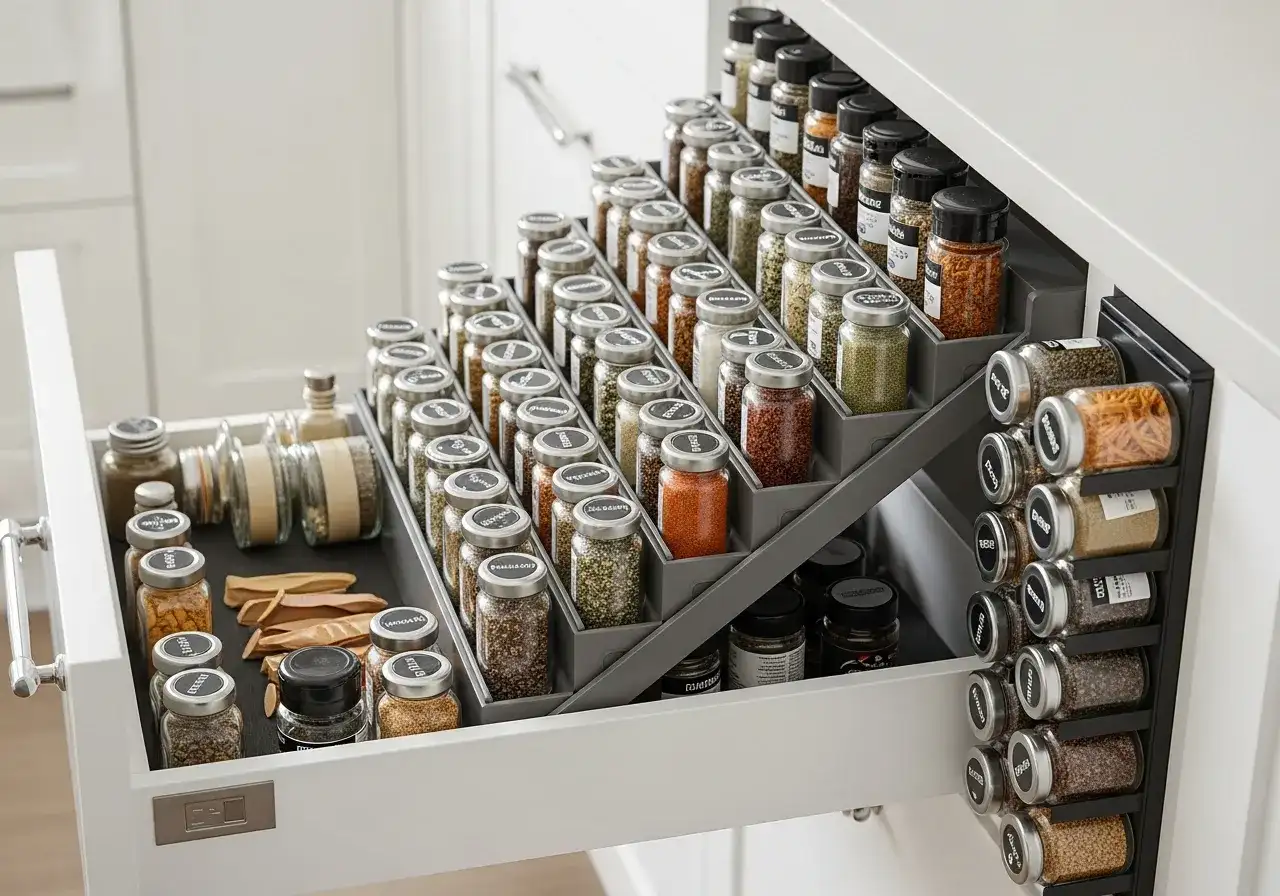 Wysuwany stojak na przyprawy z dziesiątkami słoiczków wypełnionych kolorowymi przyprawami i ziołami.