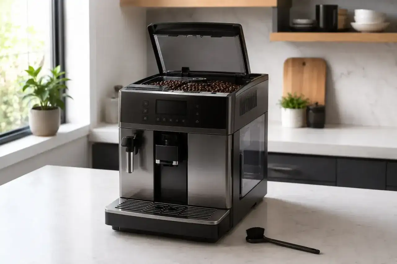 Automatyczny ekspres do kawy DeLonghi z otwartą klapą zasobnika ziaren. Obok szczoteczka do czyszczenia młynka.