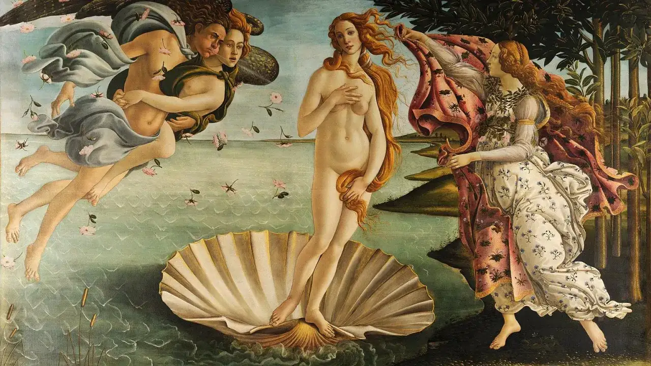 Narodziny Wenus. Idealne proporcje, harmonia i piękno ciała, cechy rzeźby renesansowej, ukazane w scenie mitologicznej.