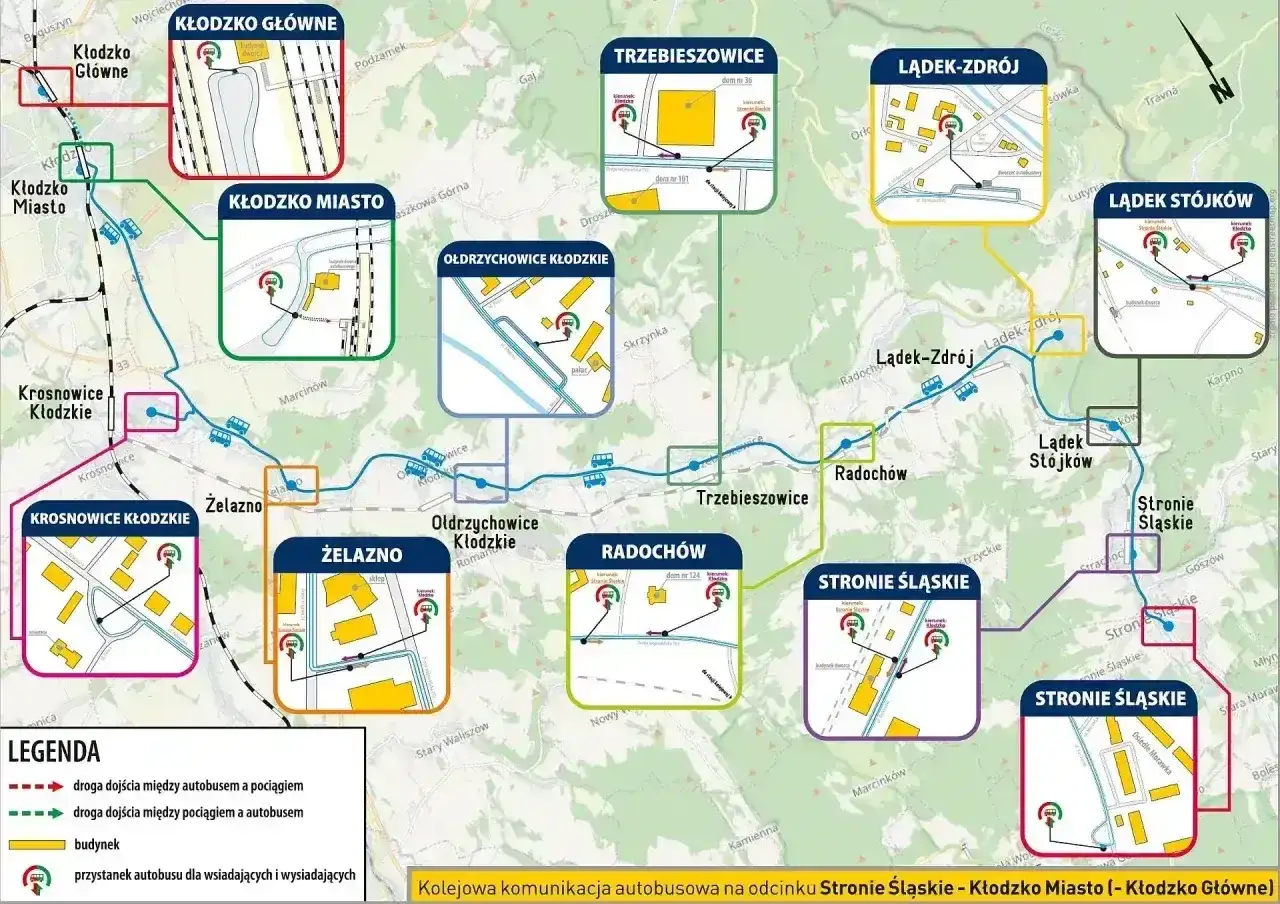 Mapa pokazuje, gdzie pociąg i autobusy łączą Kłodzko z Lądkiem-Zdrój i innymi miejscowościami.