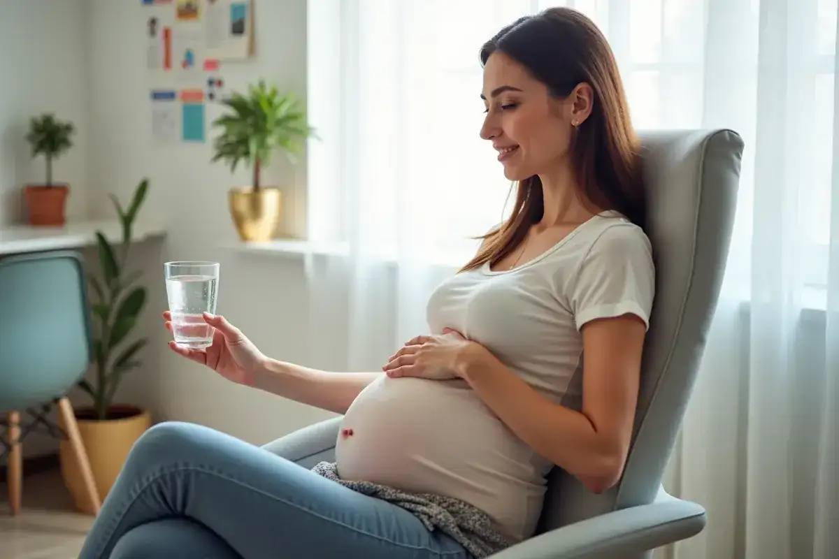 Czekasz na badania prenatalne i zastanawiasz się, czy na badania prenatalne trzeba być na czczo? Kobieta w ciąży siedzi w fotelu z wodą.