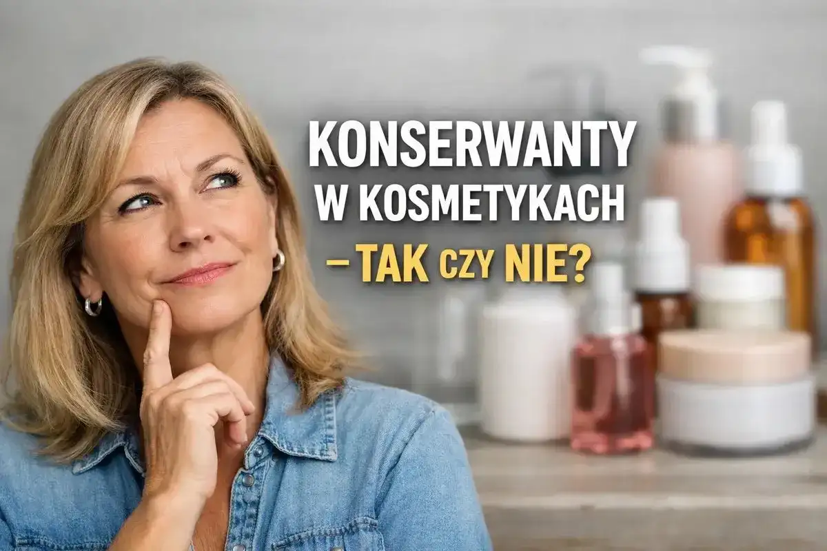 Kobieta zastanawia się nad konserwantami w kosmetykach, widząc na półce różne opakowania produktów.