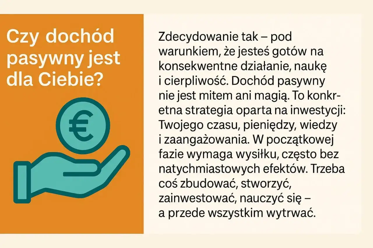 Ręka trzymająca monetę z symbolem euro. Pytanie: "Czy dochód pasywny jest dla Ciebie?". Tekst wyjaśnia, że dochód pasywny wymaga pracy i cierpliwości.