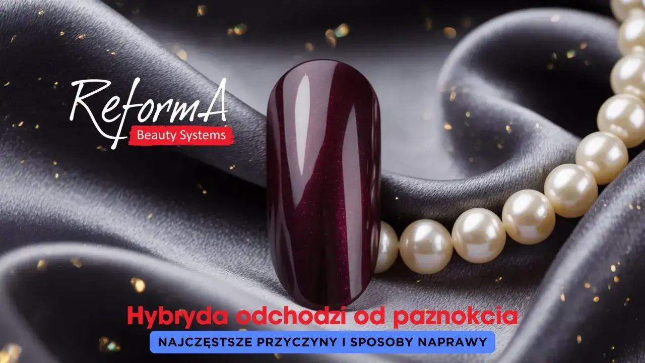 Elegancki, ciemny lakier hybrydowy na tle jedwabiu i pereł. Dowiedz się, dlaczego hybryda odchodzi od paznokcia i jak temu zapobiec.