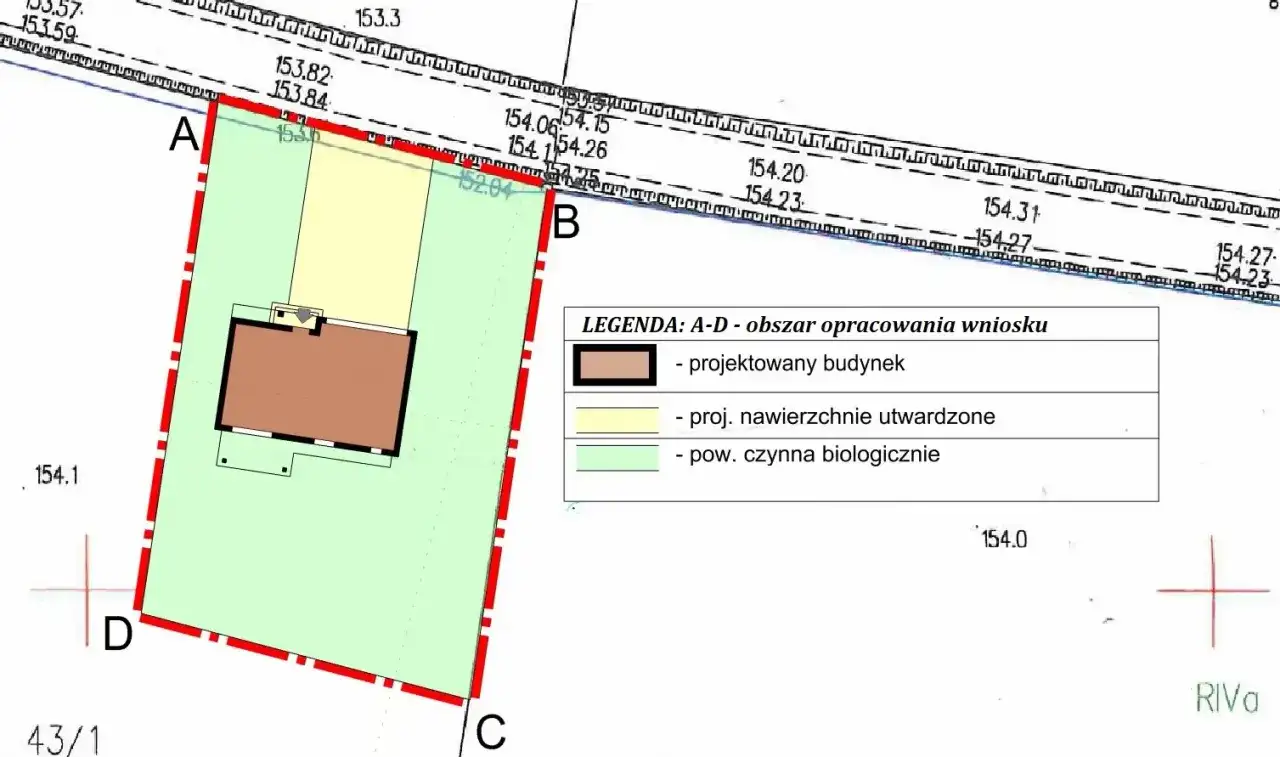 Fragment miejscowego planu zagospodarowania przestrzennego z zaznaczonym projektowanym budynkiem, nawierzchniami utwardzonymi i powierzchnią czynną biologiczną.