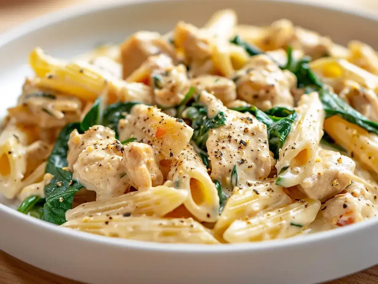 Krämig penne pasta med kyckling och spenat, toppad med svartpeppar. En härlig middag som ser utsökt ut.