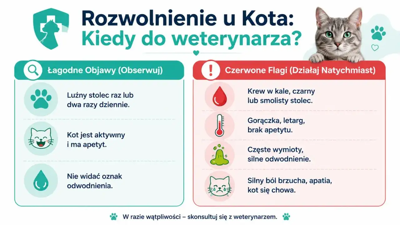 Grafika pokazuje, jak zachęcić kota do jedzenia, rozróżniając łagodne objawy od czerwonych flag. Kot z zielonymi oczami patrzy z góry.