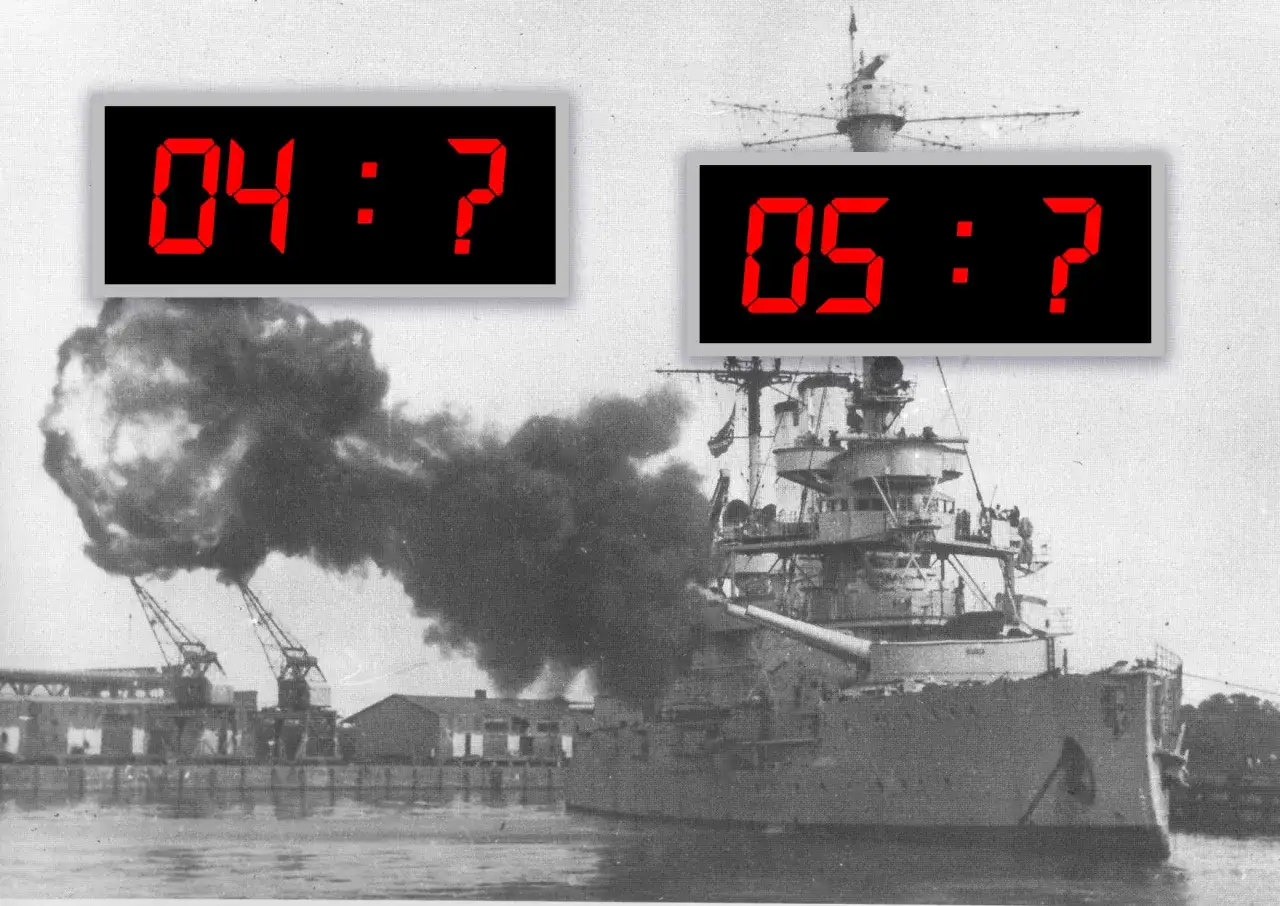 Bitwa morska, dym z dział okrętu. Czas odmierza 04:? i 05:? - czy to moment, kiedy wojna w Polsce się zaczęła?