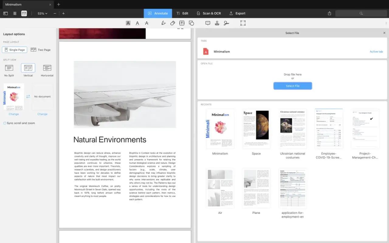 Jak połączyć pliki PDF? Interfejs programu do edycji PDF pokazuje opcje układu strony, podziału widoku i ostatnio otwierane dokumenty, sugerując sposób na scalenie plików.