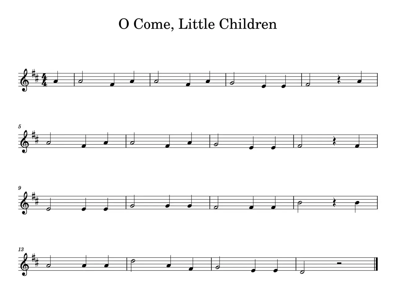Nuty do druku dla dzieci z piosenką "O Come, Little Children". Prosta melodia, idealna do nauki gry na instrumencie.