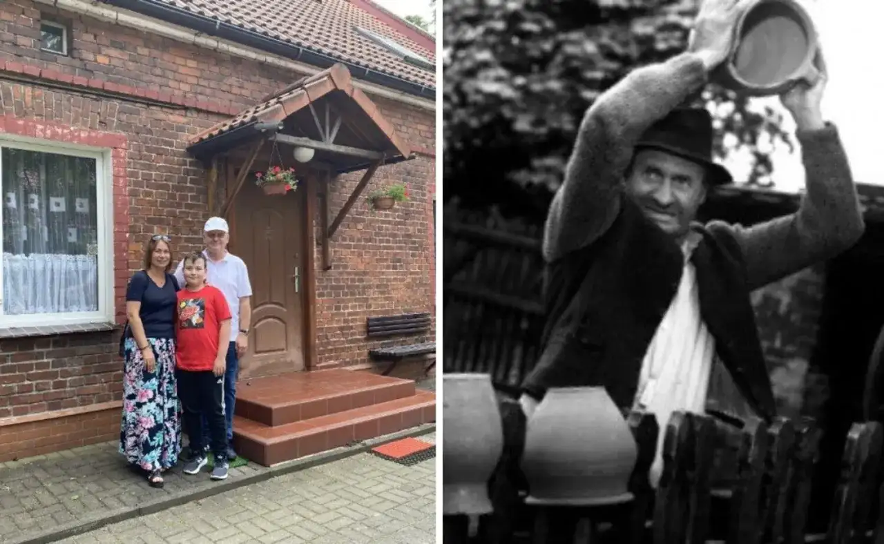 Rodzina przed domem, a obok czarno-białe zdjęcie garncarza. Krużewniki, gdzie to jest?