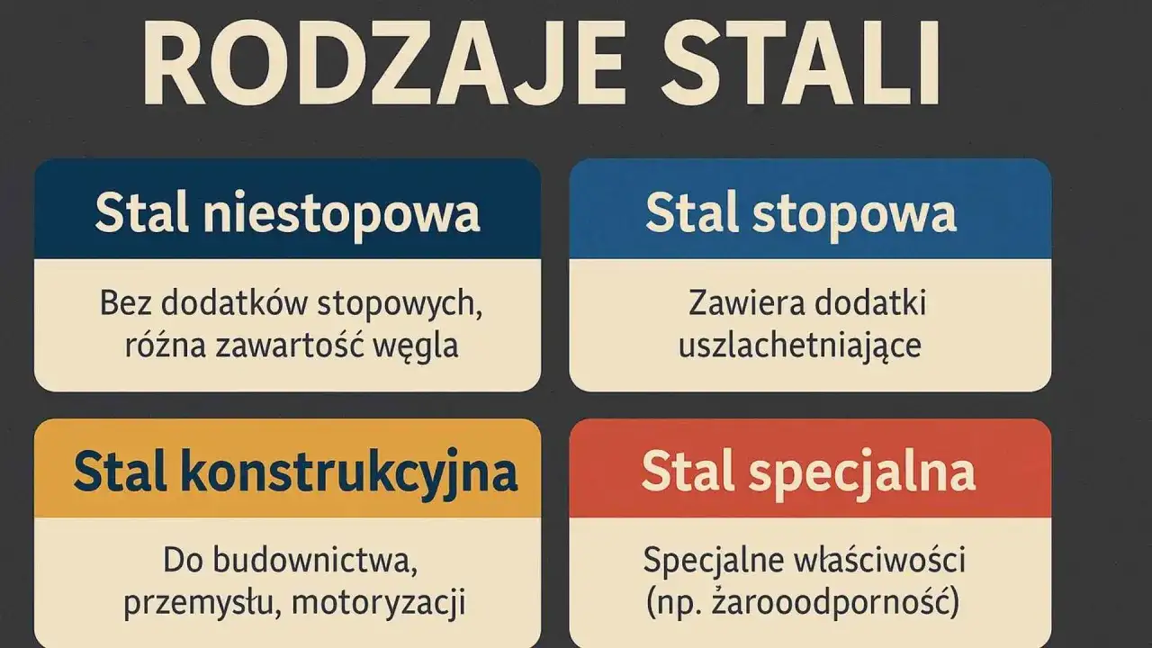 Rodzaje stali: niestopowa (bez dodatków), stopowa (z dodatkami), konstrukcyjna (do budowy) i specjalna (np. żaroodporna).