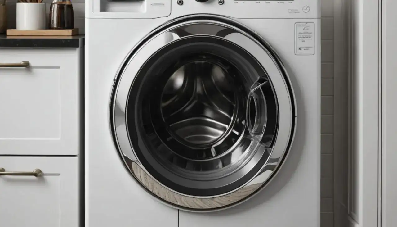 Nowa pralka Whirlpool z błędem F05. Nowoczesny design, chromowany bęben i eleganckie uchwyty szafek.