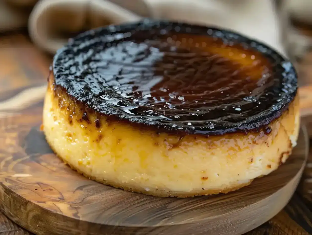 En krämig basque cheesecake med karamelliserad yta, serverad på en träskärbräda.