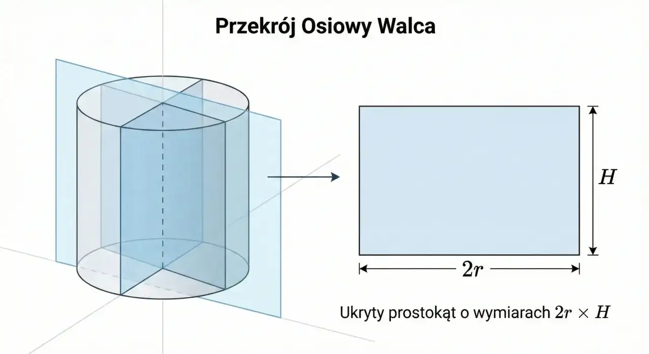 Przekrój osiowy walca jako prostokąt o bokach 2r i H.
