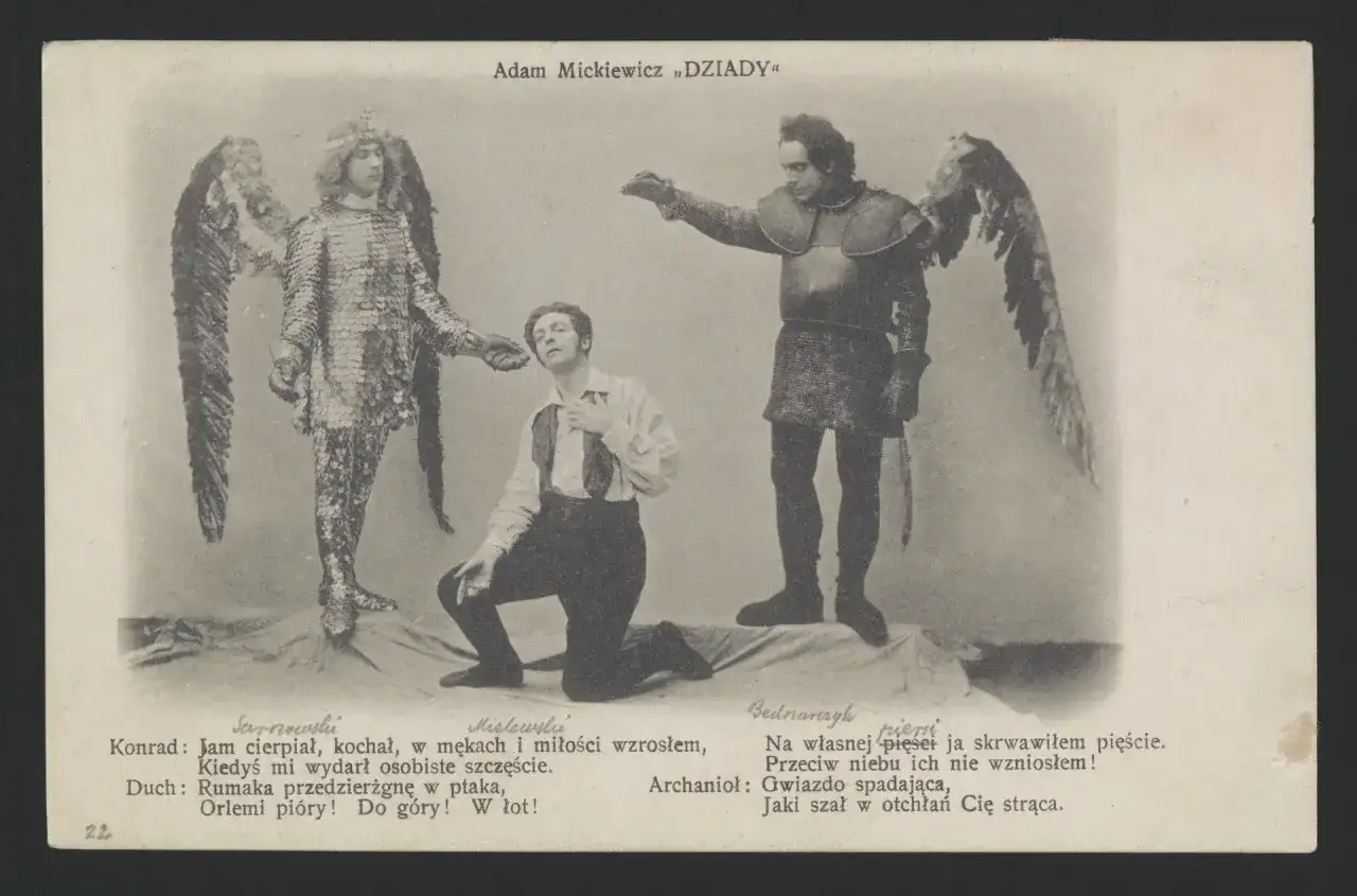 Gustaw klęczy przed aniołem i rycerzem. Scena z "Dziadów" Adama Mickiewicza.