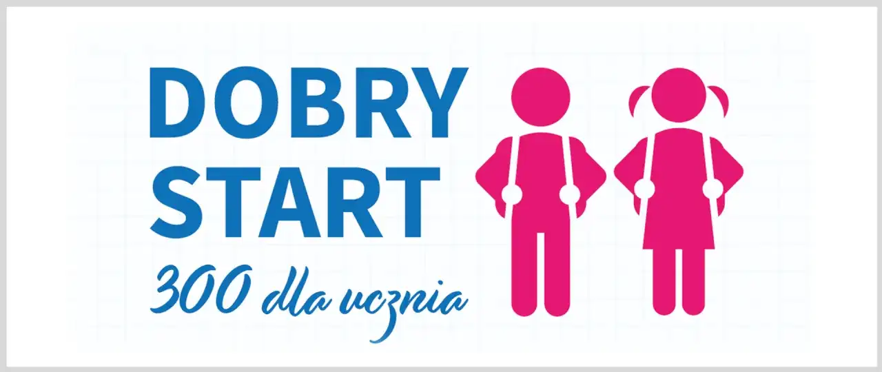 Program Dobry Start: 300 zł dla ucznia. Dwoje dzieci w różowych sylwetkach z szelkami.
