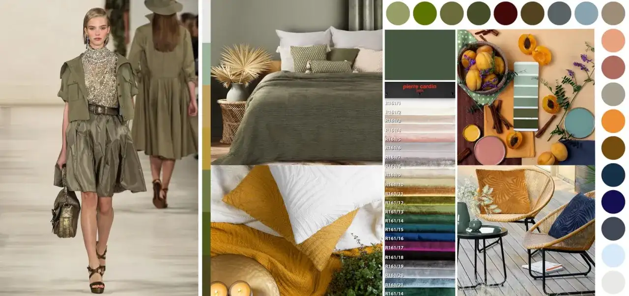 Inspiracje kolorystyczne: jaki kolor pasuje do khaki? Od mody po wnętrza, zieleń i brązy łączą się z żółcieniami, różami i błękitami.
