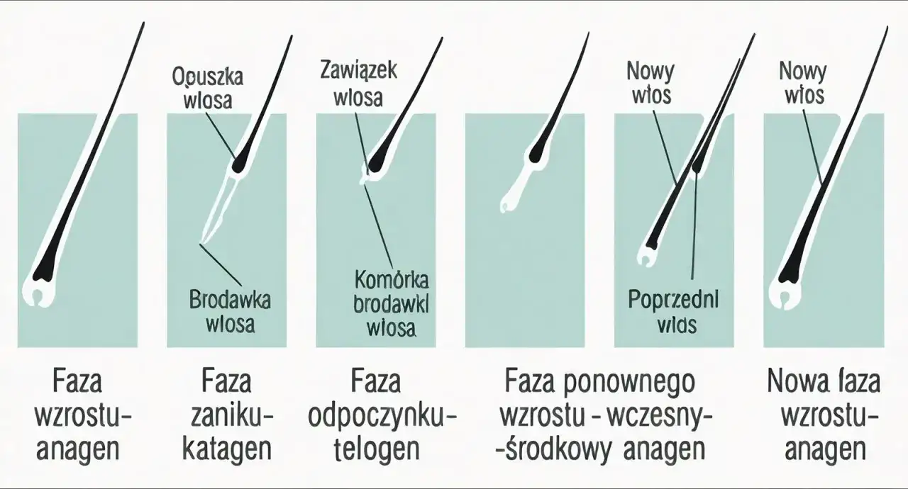 Cykl życia włosa: anagen (wzrost), katagen (zanik), telogen (odpoczynek), a potem nowy włos wyrasta.