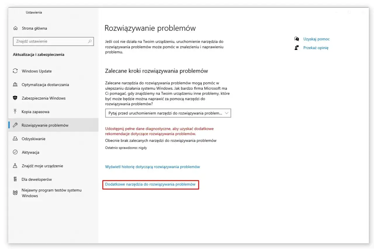 Ekran ustawień Windows z sekcją "Rozwiązywanie problemów". Widoczny przycisk "Dodatkowe narzędzia do rozwiązywania problemów", który może pomóc w rozwiązaniu problemów, np. błędu 0x80070002.