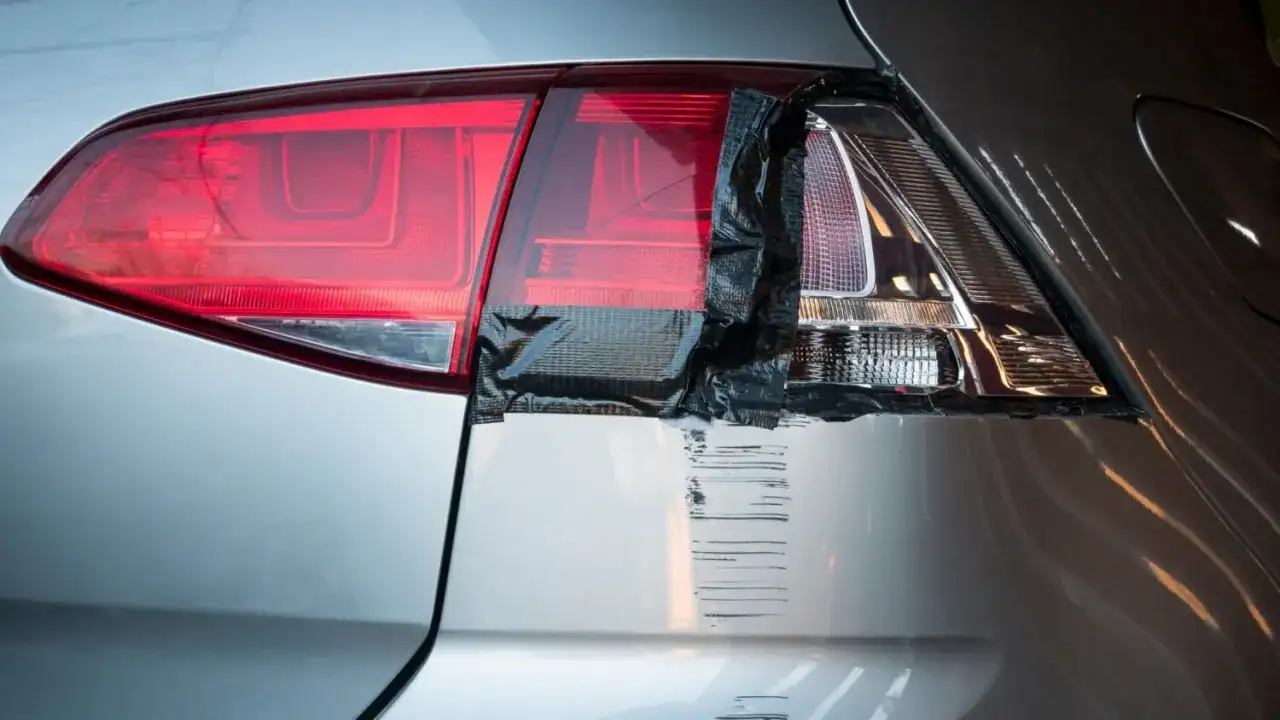 Feu stop arrière gauche de voiture réparé avec du ruban adhésif noir. Un feu stop qui ne marche pas peut entraîner une amende.