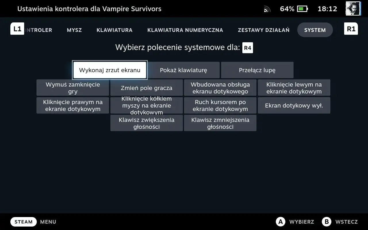 Menu ustawień kontrolera Steam z opcją "Wykonaj zrzut ekranu" podświetloną.