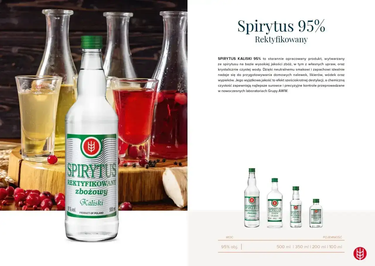 Butelka Spirytusu Kaliskiego 95% obj. z owocami w tle. Idealny do nalewek, likierów i wypieków.