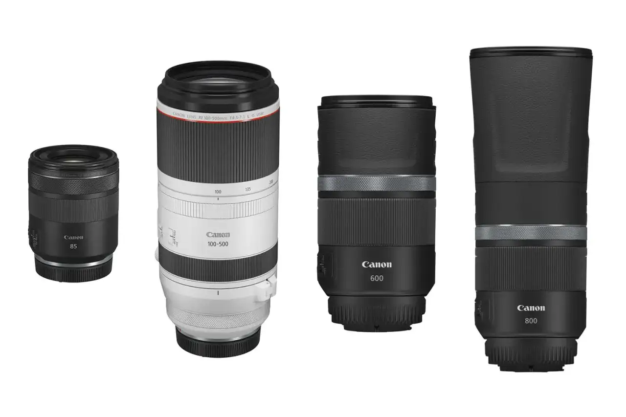 Cztery obiektywy Canon: 85mm, 100-500mm, 600mm i 800mm. Zestaw do fotografii tele, gdzie każdy obiektyw działa jak telekonwerter, przybliżając odległe obiekty.