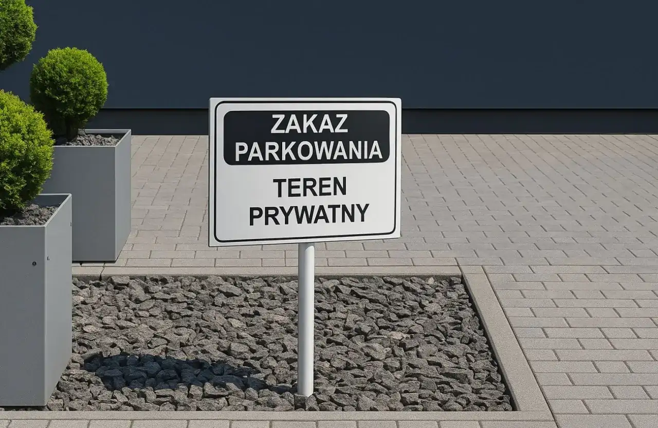 Znak "Zakaz parkowania - teren prywatny" na tle nowoczesnego budynku i zieleni.