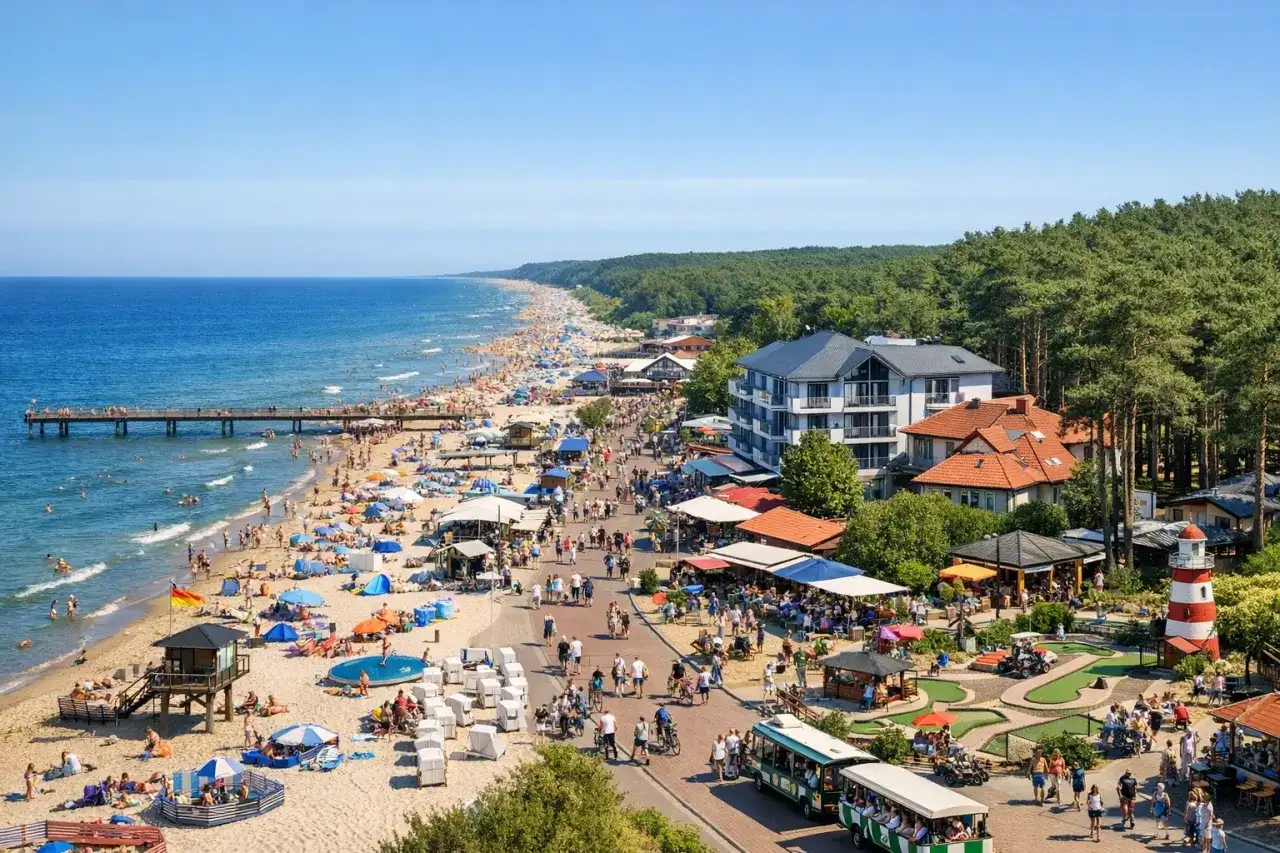Pobierowo co zobaczyć: plaża pełna turystów, molo, deptak z budkami, mini golf i latarnia morska.