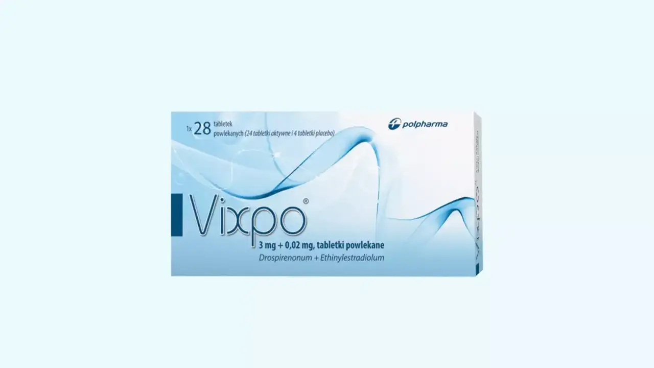 Opakowanie leku Vixpo, zawierające 28 tabletek powlekanych.